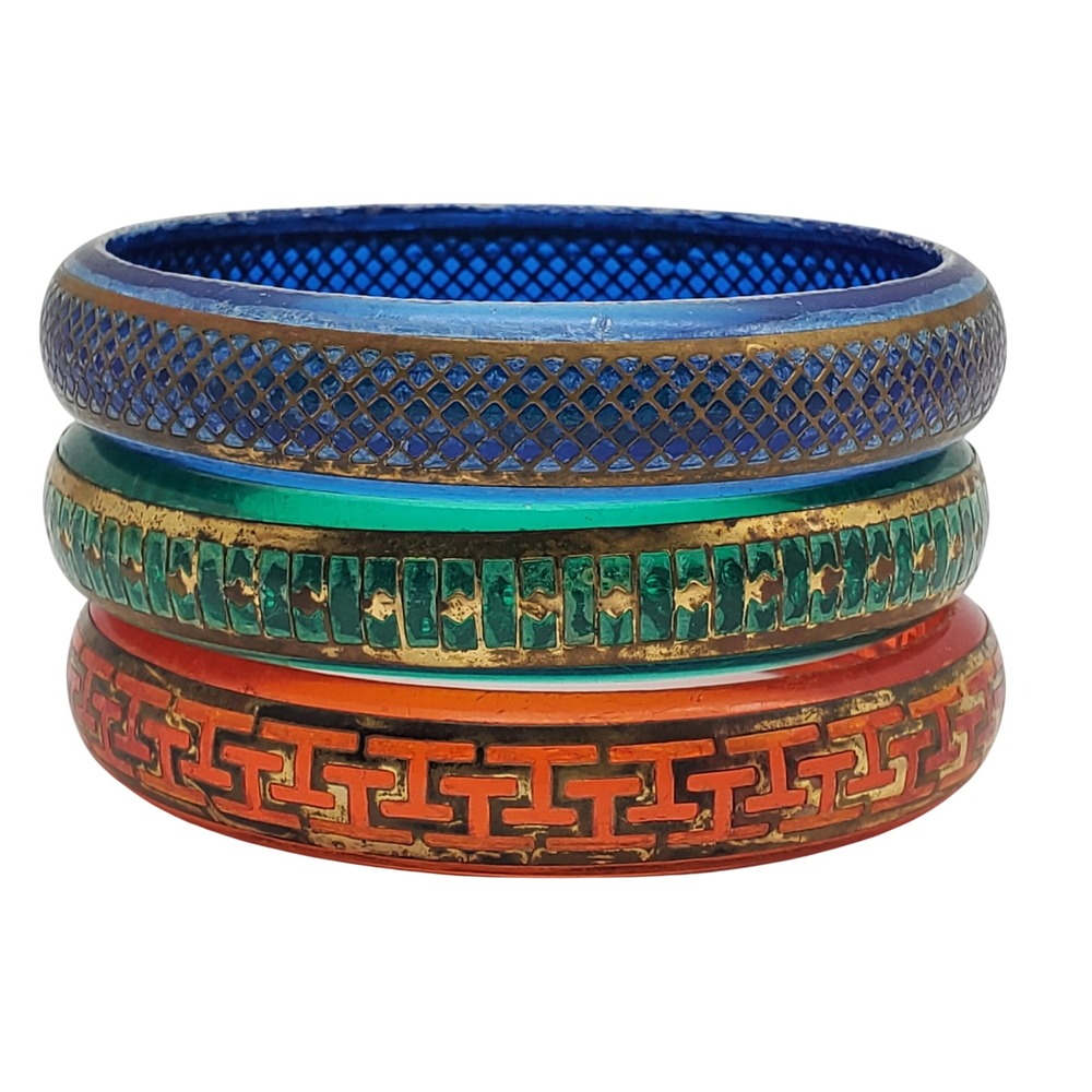 Vintage Acrylic Bangle Bracelet Set Blue Green Orange Gold Tone Geometric Boho